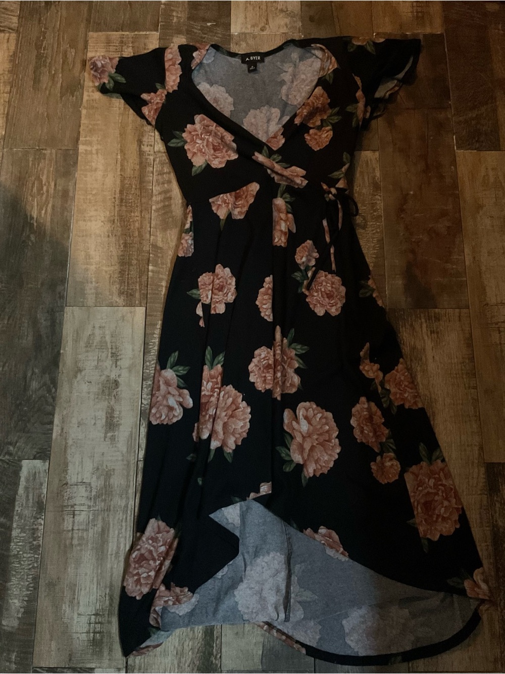 A. Byer Black Wrap Dress with Peach Floral Print